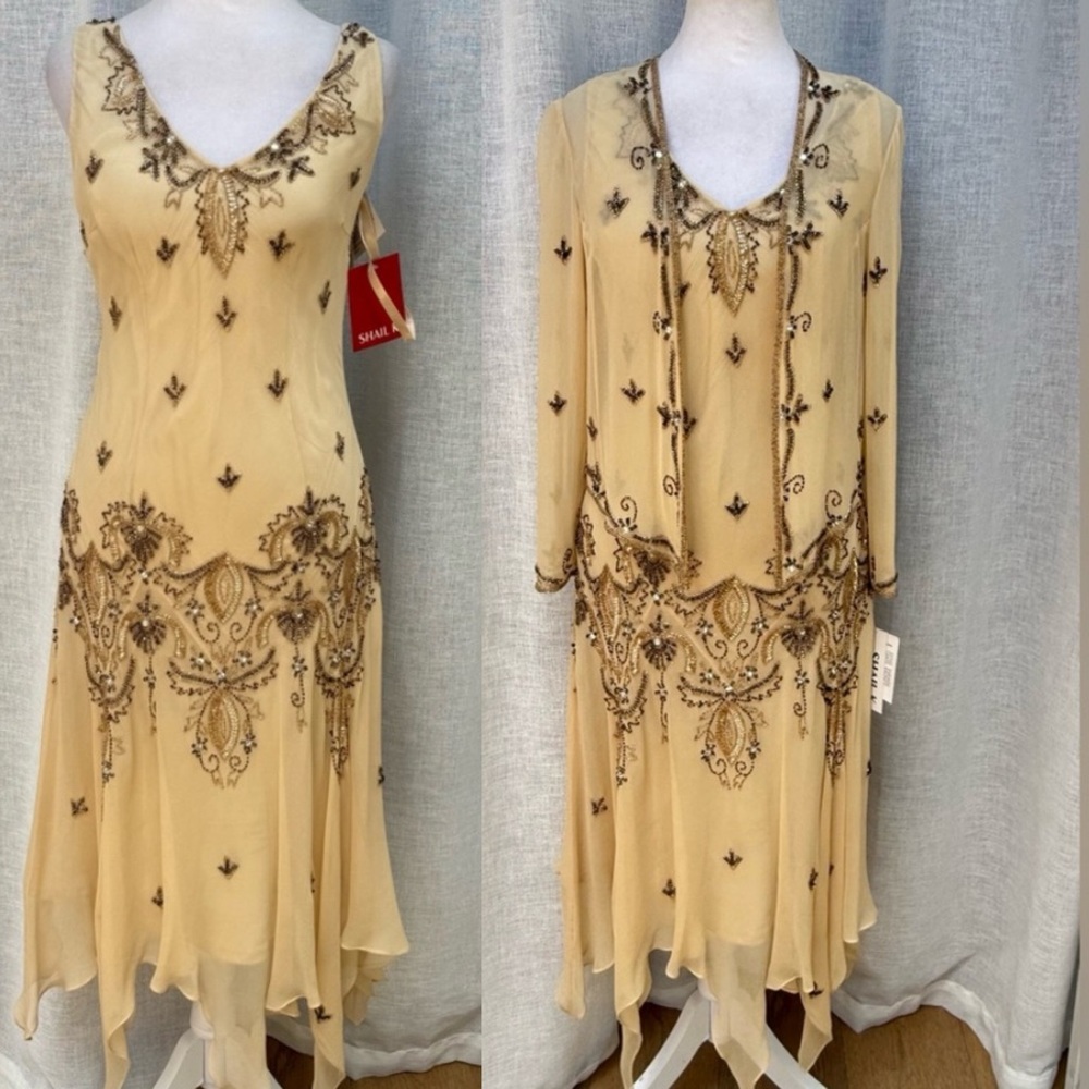 NWT Shail K. Bias Silk sequins  flapper style uneven hem dress with blouse